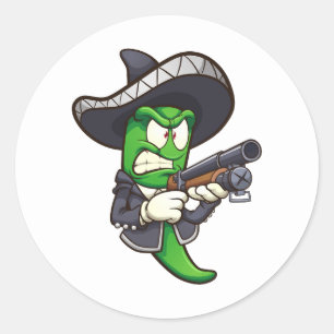 Groene jalapeno peper met een mariachi outfit en e ronde sticker