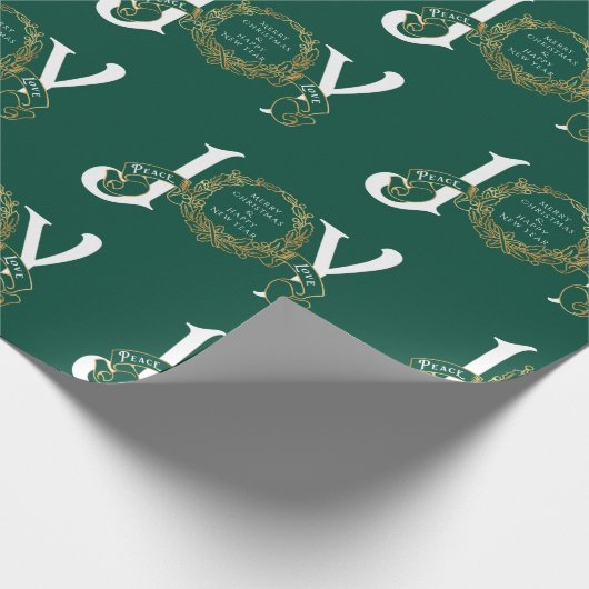 Groene Joy Peace Love Gold Classy Kerstmis Cadeaupapier (Hoek)