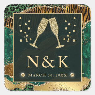 Groene Jungle Dierprint Glitter Agate Bruiloft Vierkante Sticker