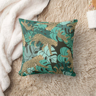 Groene Jungle Luipaard en Tropische Monstera Blade Kussen