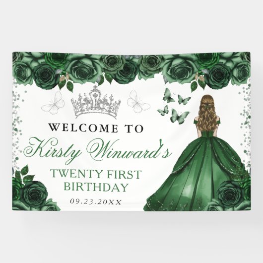 Groene jurk Blonde prinses Floral Verjaardag Spandoek (Horizontaal)