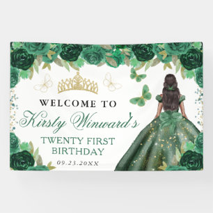 Groene jurk donkere huid prinses bloem verjaardag spandoek