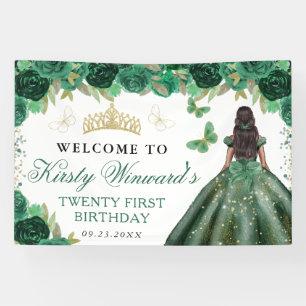 Groene jurk donkere huid prinses bloem verjaardag spandoek