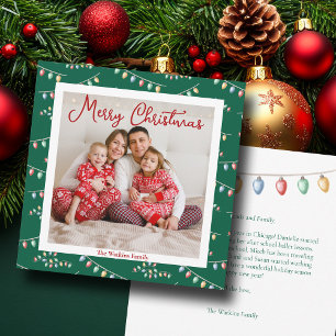 Groene Kerst Lichtjes Cute Familie Foto Feestdagenkaart