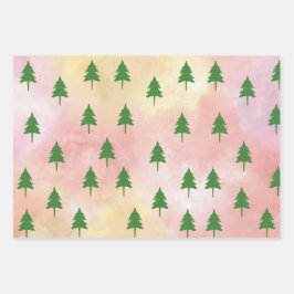Groene Kerstbomen Kleurrijke Hemel Achtergrond Inpakpapier Vel