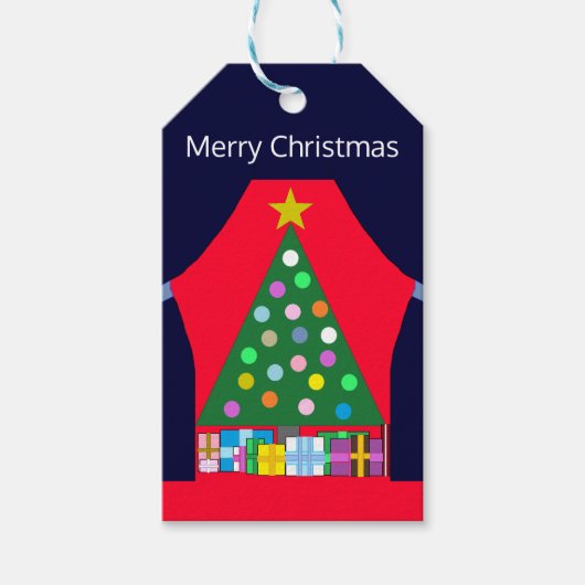 Groene kerstboom en blauwe draperingen: cadeaulabel (Voorkant)