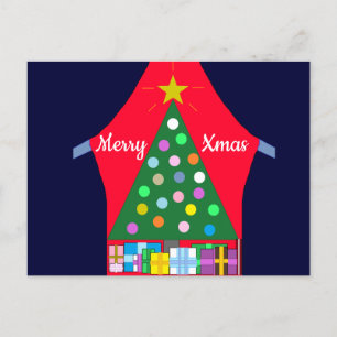 Groene kerstboom en blauwe draperingen: feestdagenkaart