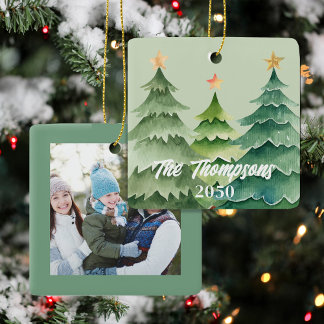 Groene Kerstboom Foto Vakantie Aangepast Keramisch Ornament