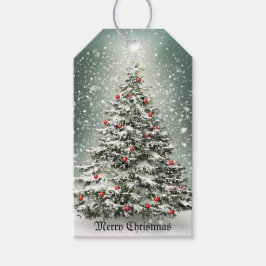 Groene Kerstboom Kleurrijke Ornamenten Witte Sneeu Cadeaulabel