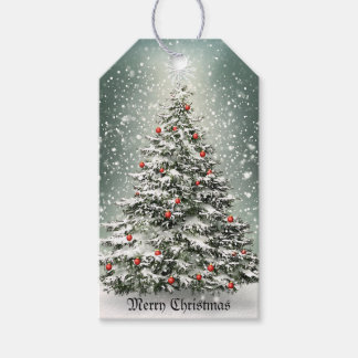 Groene Kerstboom Kleurrijke Ornamenten Witte Sneeu Cadeaulabel