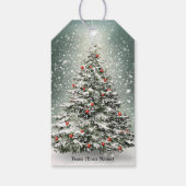 Groene Kerstboom Kleurrijke Ornamenten Witte Sneeu Cadeaulabel (Achterkant)