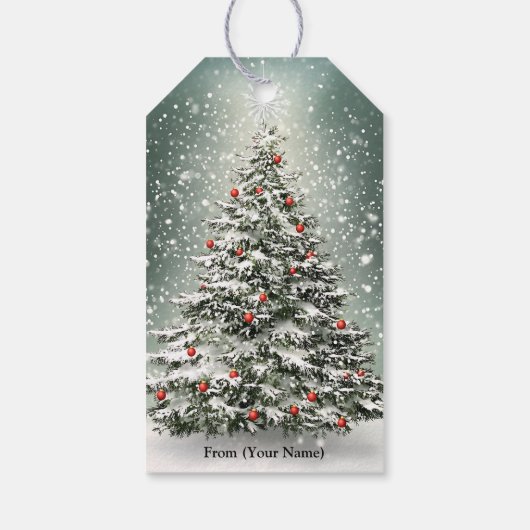 Groene Kerstboom Kleurrijke Ornamenten Witte Sneeu Cadeaulabel (Achterkant)