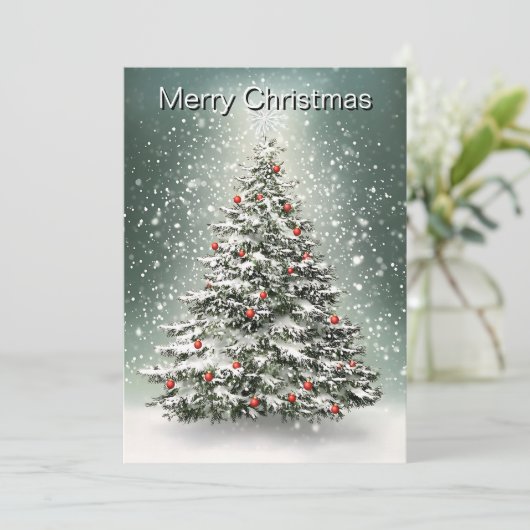 Groene Kerstboom Kleurrijke Ornamenten Witte Sneeu Feestdagenkaart (Staand voorkant)