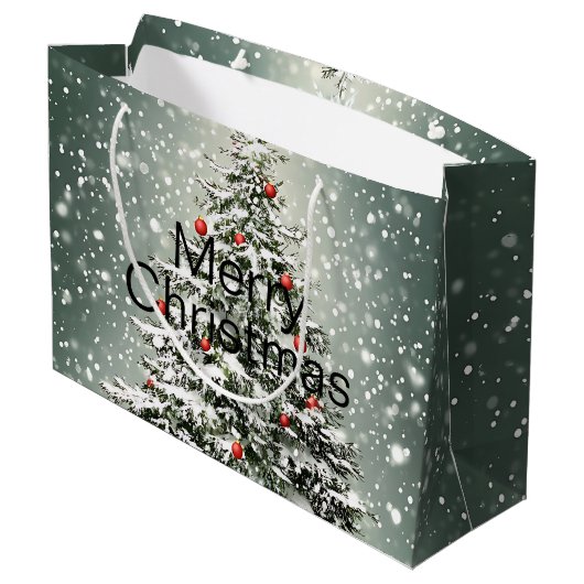 Groene Kerstboom Kleurrijke Ornamenten Witte Sneeu Groot Cadeauzakje (Achterkant Gekanteld)