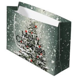 Groene Kerstboom Kleurrijke Ornamenten Witte Sneeu Groot Cadeauzakje