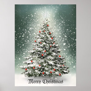 Groene Kerstboom Kleurrijke Ornamenten Witte Sneeu Poster
