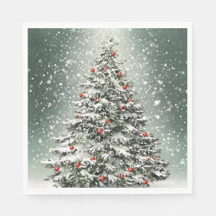 Groene Kerstboom Kleurrijke Ornamenten Witte Sneeu Servet