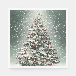 Groene Kerstboom Kleurrijke Ornamenten Witte Sneeu Servet