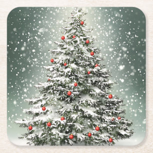 Groene Kerstboom Kleurrijke Ornamenten Witte Sneeu Vierkante Kartonnen Onderzetter