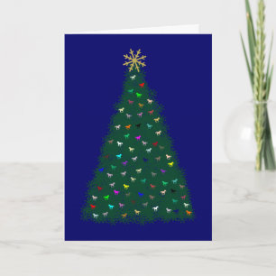 Groene kerstboom, meerkleurige paarden, marineblau feestdagen kaart