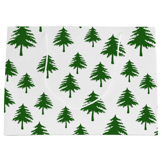 Groene kerstdennenbomen op wit groot cadeauzakje (Voorkant)