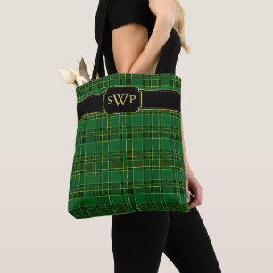 Groene Kerstmis Goud Plaid Monogram Tartan Draagtas
