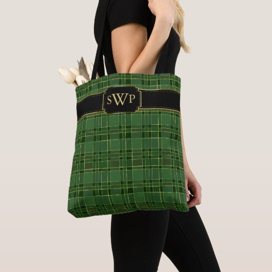 Groene Kerstmis Goud Plaid Monogram Tartan Draagtas (Dichtbij)