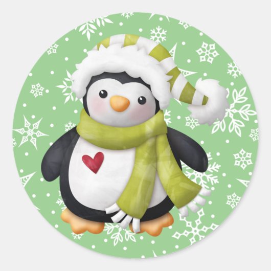 Groene Kerstmis Pinguïn Ronde Sticker (Voorkant)
