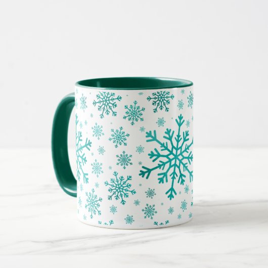  groene kerstsnowflakes op winterwit mok (Voorkant links)