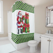 Groene kerststrepen met kerstman douchegordijn (In situ)