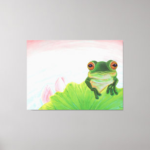 Groene kikker die zich in de vijver bevindt canvas afdruk