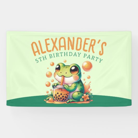 Groene kikker en Sinaasappel Boba Bubble Tea Party Spandoek (Horizontaal)