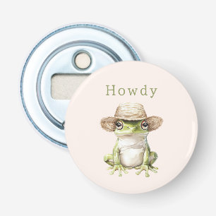Groene kikker met hoed en blos button flesopener
