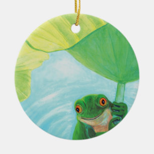 Groene kikker onder Lily Pad Keramisch Ornament