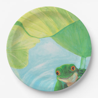 Groene kikker onder Lily Pad Papieren Bordje
