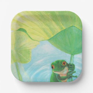 Groene kikker onder Lily Pad Papieren Bordje
