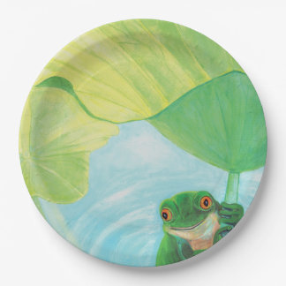 Groene kikker onder Lily Pad Papieren Bordje