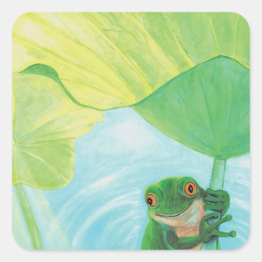 Groene kikker onder Lily Pad Vierkante Sticker (Voorkant)