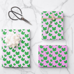 Groene kikker patroon roze inpakpapier vel