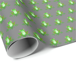 Groene kikkers op grijs cadeaupapier