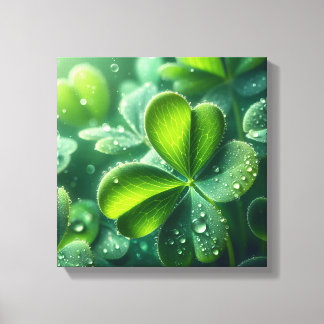 Groene klaverbladeren met waterdruppels - canvas afdruk