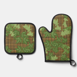 Groene klimop Goud Zwart Bruin Plaid Ovenwant & Pannenlap Set