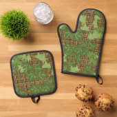Groene klimop Goud Zwart Bruin Plaid Ovenwant & Pannenlap Set (Top down)