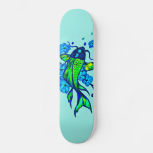 Groene Koi Karper Blauwe Bloemen Skateboard
