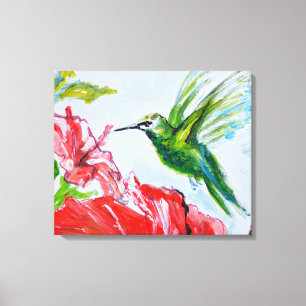 Groene Kolibrie en Rode Hibiscus Canvas Afdruk
