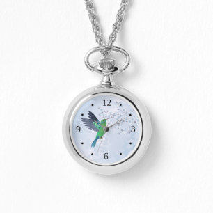 Groene kolibrie met blauw Cherry Blossom Horloge