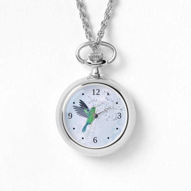 Groene kolibrie met blauw Cherry Blossom Horloge (Voorkant)