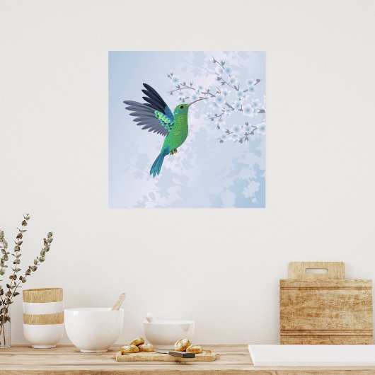 Groene kolibrie met blauw Cherry Blossom Poster (Keuken)