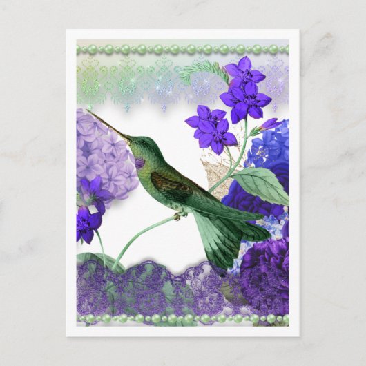 Groene kolibrie met bloemen, kant, parels briefkaart (Voorkant)