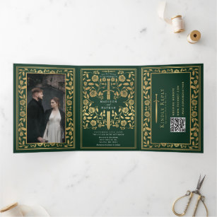 Groene Koninklijke Middeleeuwse Zwaard Bruiloft QR Drieluik Uitnodiging